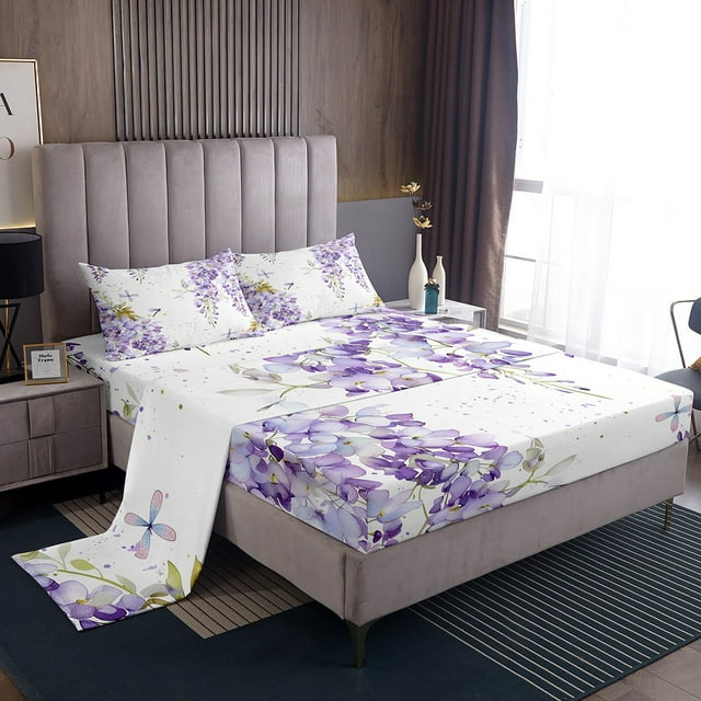 Erosebridal Draps de Lit à Fleurs Violettes Grand Lit, Literie Libellule Chic, Ultra Doux, 4 Pcs
