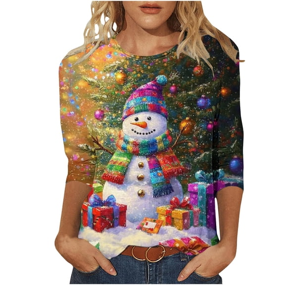 Christmas Shirt for Women 3/4 Sleeve Snowman Round Neck Fall Tees Tshirts Tops for Women Fall Fashion Must Haves My Items