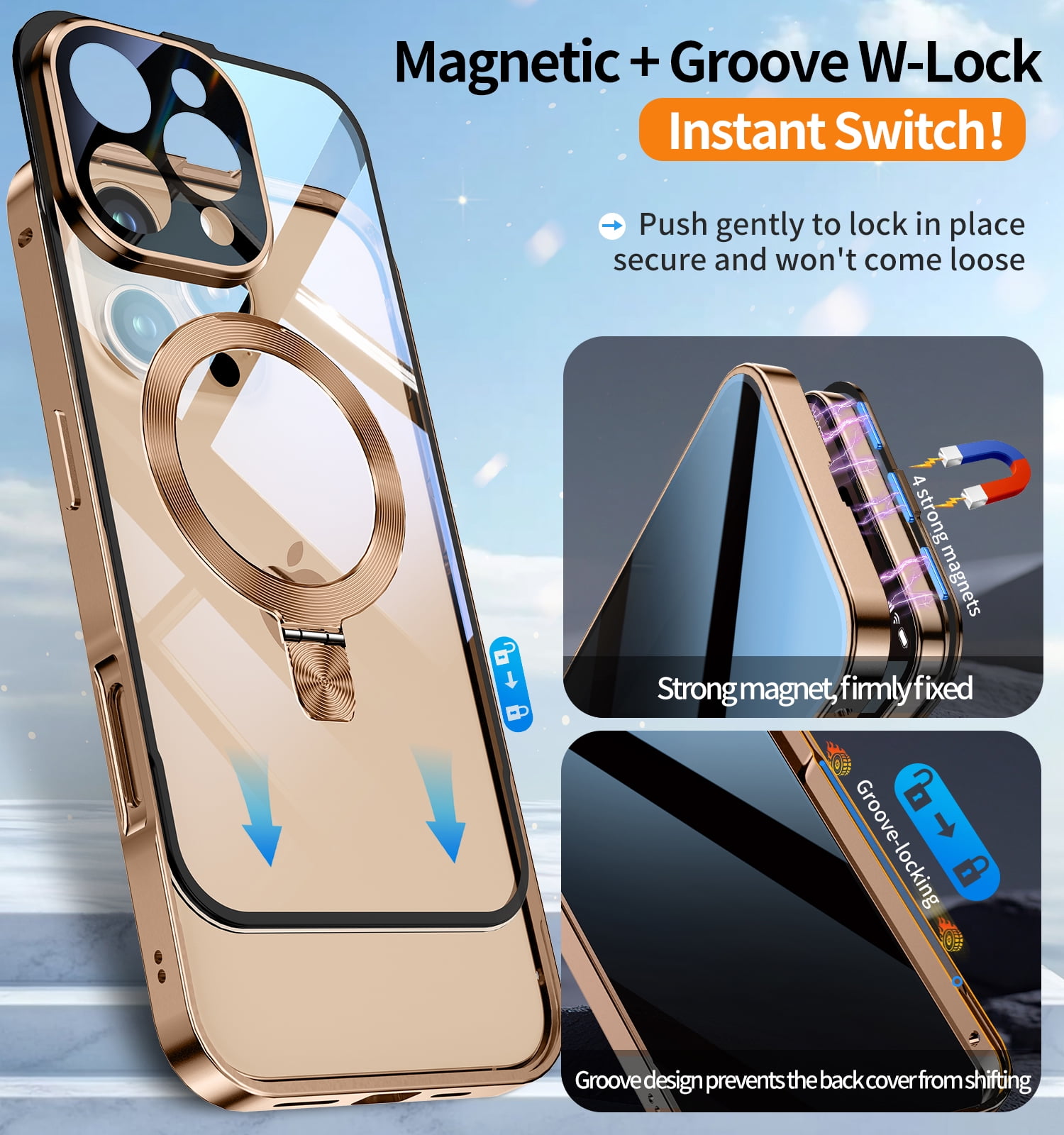JETeacka iPhone 16 Pro Max Auto Lock Case Privacy Screen Protector Magnetic Stand MagSafe Compatible Heavy Duty Full-Body Shockproof Cover-Desert Gold