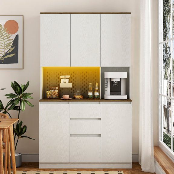 HIUU White Texture Buffet Cabinet with Drawers, Microwave Stand, Charge Station and LED Light