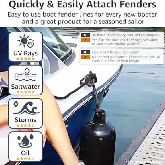 1/2" x 8' Boat Fender Lines (4-Pack) - Double Braided Nylon Dock Lines for Boats - Marine Grade Fender Ropes with 10" Eye Loop - Soft, Durable Boat Accessories for Pontoon and Small Boats