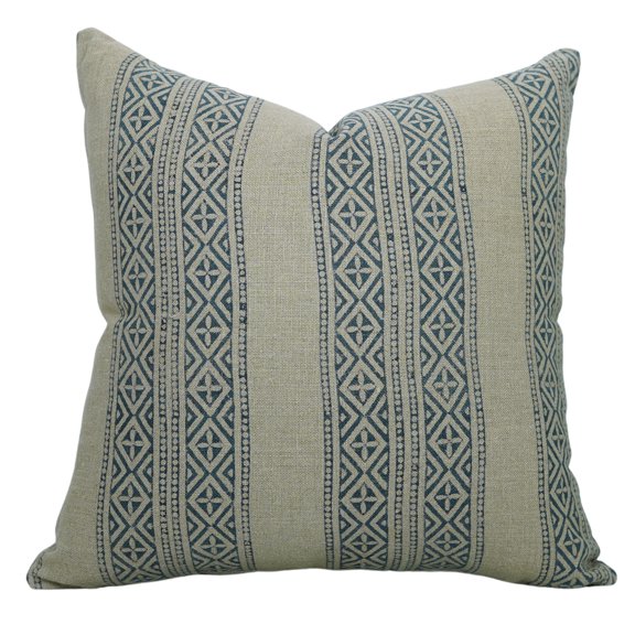 Fabdivine Elegant Thick Linen pillowcase Cushion Cover, Throw, Block Print, (Kaju Katli, Blue), 14"x14", Floral pillow covers