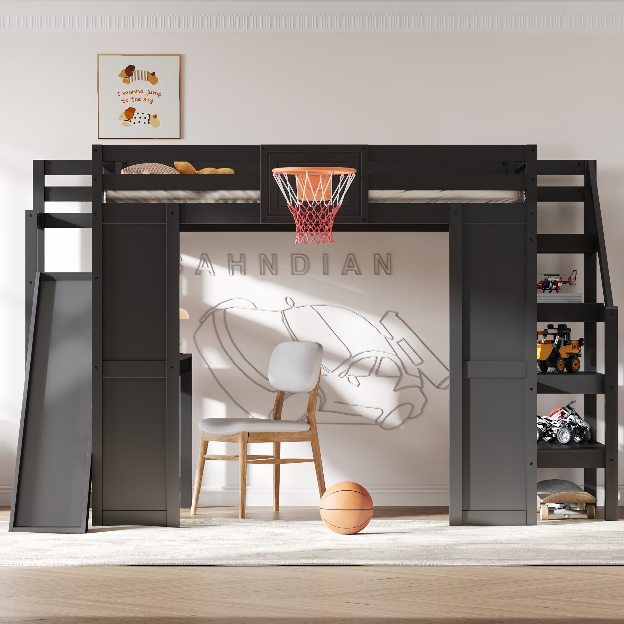 Euroco Wood Full Size Loft Bed with Desk and Shelves, Storage Bed with Basketball Hoop and Slide, Black