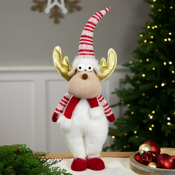 Northlight Standing Plush Moose Christmas Figure with Glitter Antlers - 25" - White and Red