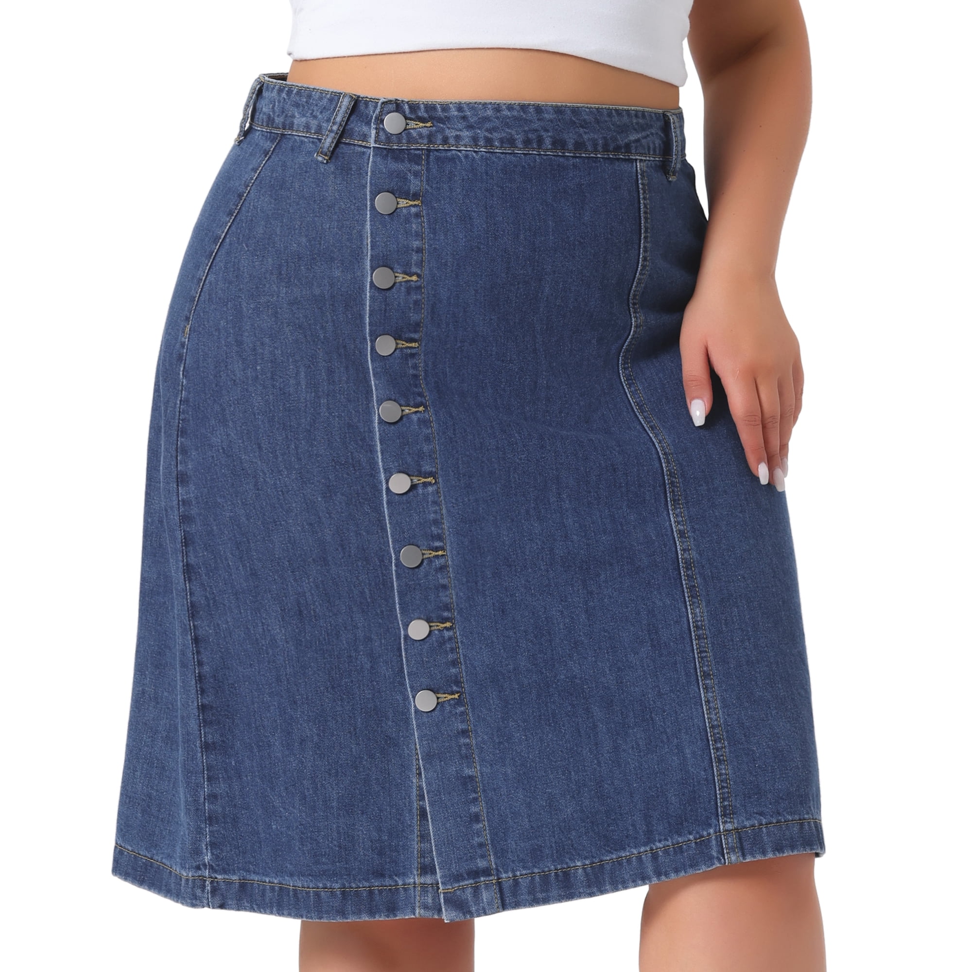 DARING DIVA Women's Plus Button Front High Waist A Line Midi Jean Skirt 4X Blue