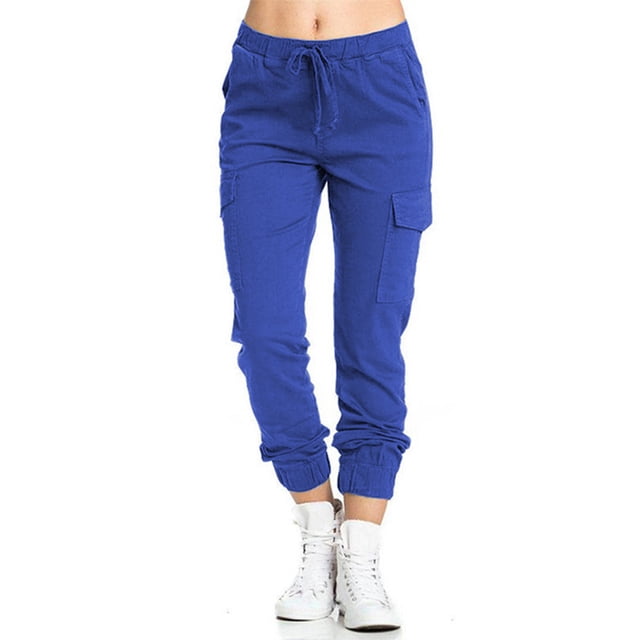 Innerwin Pantalons Cargo avec Poches Bas pour Femmes Plage Jambe Droite Pantalon Boho Bleu Paon L