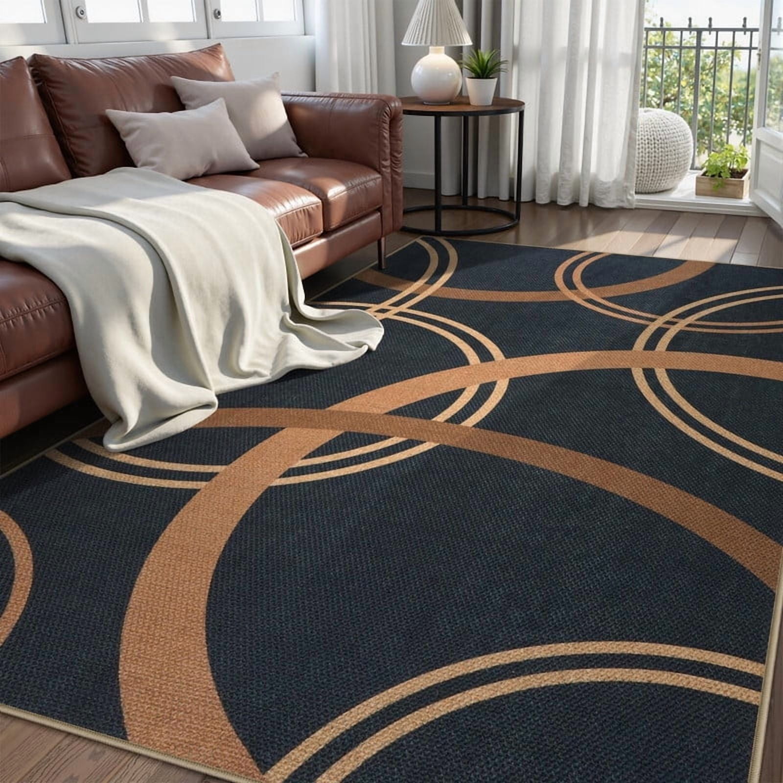 SUNDEREY 5'x7' Geometri Area Rug,5x7ft Washable Circular Pattern Rug,Easy Jute Indoor Outdoor Carpet, Farmhouse Non Slip Khaki Floor Rug for Bedroom Dining Room Office Entrance Kitchen,Black