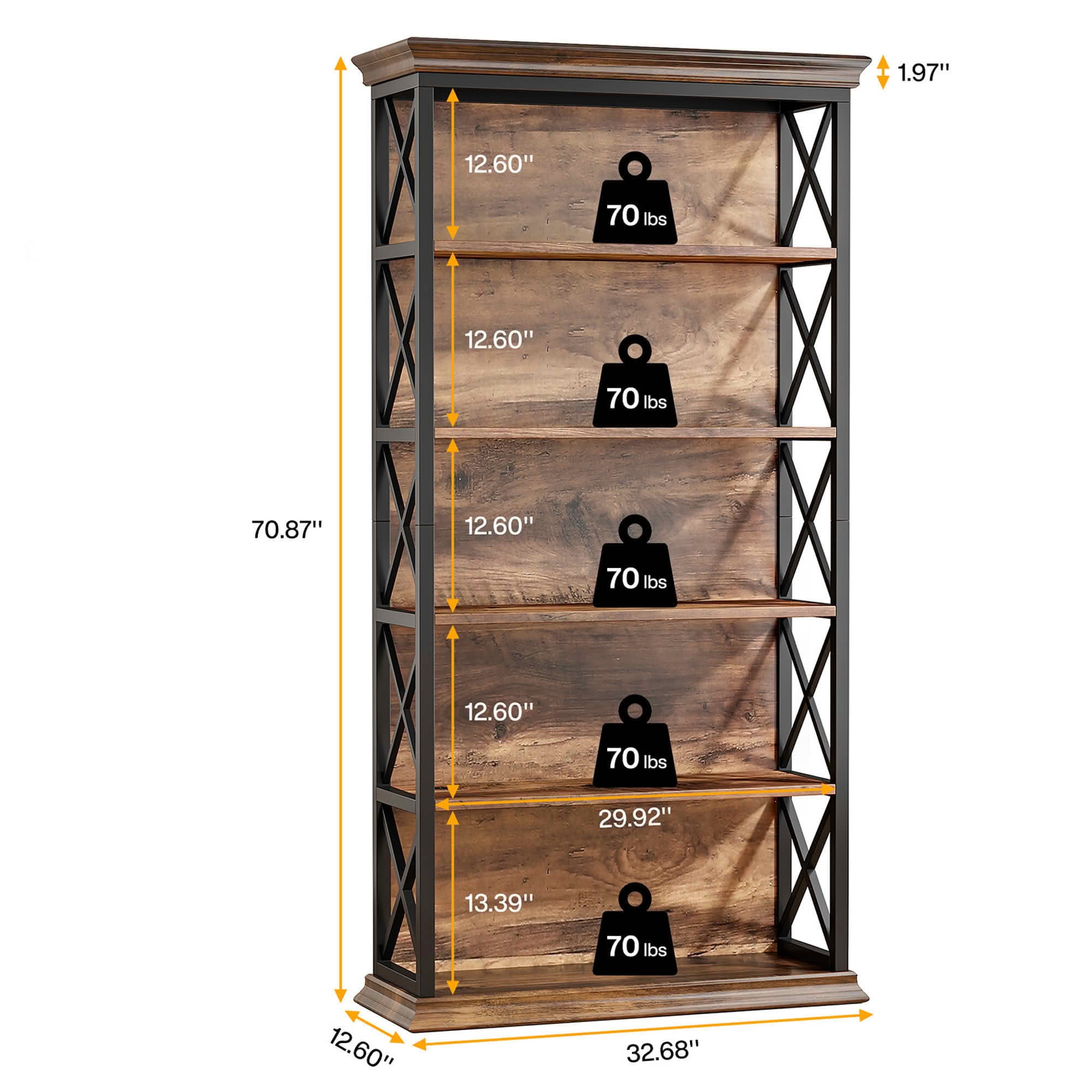 MAYEERTY 70.87" 6-Tier Bookshelf, Metal Wood Etagere Bookcase with X-Shaped Frame, Heavy Duty Storage Display Rack for Home Office Bedroom