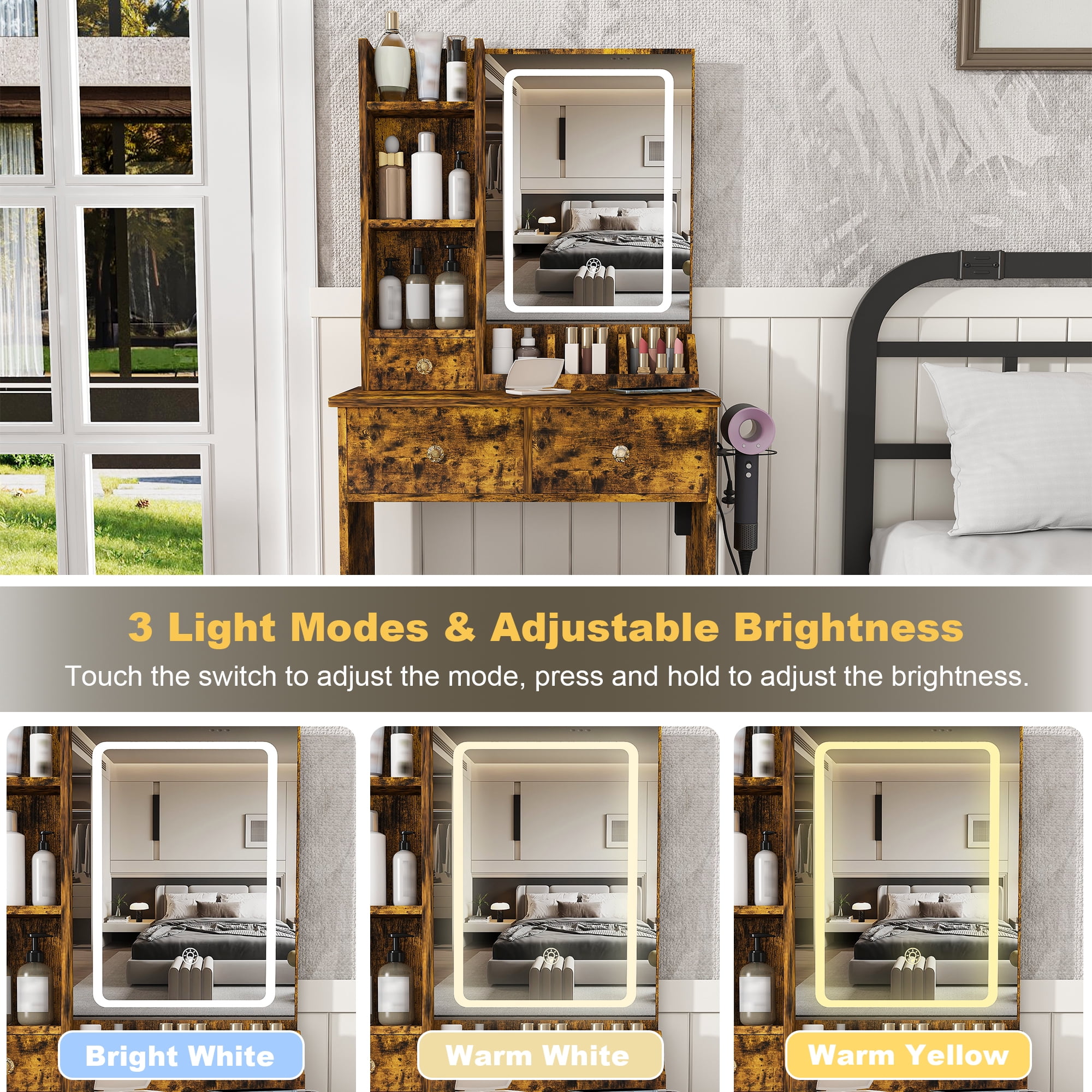 Mintazer Modern Vanity Desk Set with LED Mirror & Stool, Makeup Vanity with Power Outlet, Hair Dryer Holder, 3 Drawers & Open Shelves, Brown