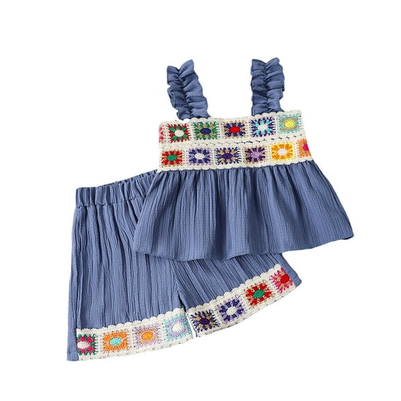Summer Savings Clearance 2025! THDHVS Girls Summer Outfits,Casual Clearance Short Sets for Kids,Toddler Girls Fashion Sleeveless Bohemia Print Flounce Embroidery Shorts Set Blue 3-4 Years