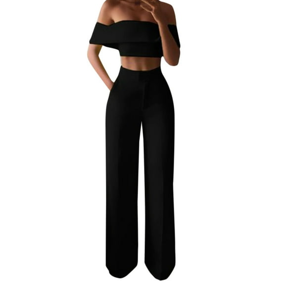 Summer Pants for Women Fashion Solid Cold Shoulder Ruffle Shirt Button Zipper Wide Leg Pant Suit Womens Sweet Pants Extra Long Dress for Tall Women Thermal Sports Fuzzy Sweatpants plus Size Black XL