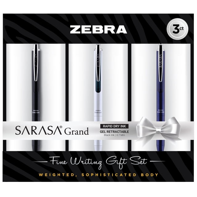 Zebra Pen SARASA Grand Retractable Gel Pen Gift Set, White/Black/Navy Brass Barrel, .7mm Medium Point, Rapid Dry Black Ink, Ideal for the Left Handed