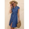 thumbnail image 5 of Women's Button Down Belted Denim Dress with Pockets Knee Length Band Collar Cap Sleeves sixty five percent cotton, 5 of 5