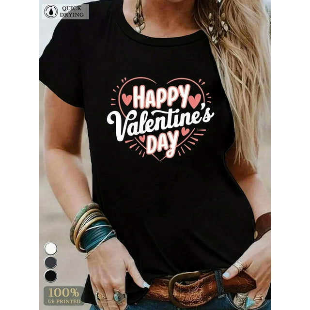 Camiseta informal negra con corazones rosas y rojos para mujer, manga corta, con estampado de corazones "Feliz Día de San Valentín".
