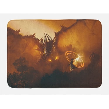 Fantasy Bath Mat, Calling of the Dragon Magician for Evil Powers of the Universe Artwork Print, Non-Slip Plush Mat Bathroom Kitchen Laundry Room Decor, 29.5 X 17.5 Inches, Orange Brown, Ambesonne