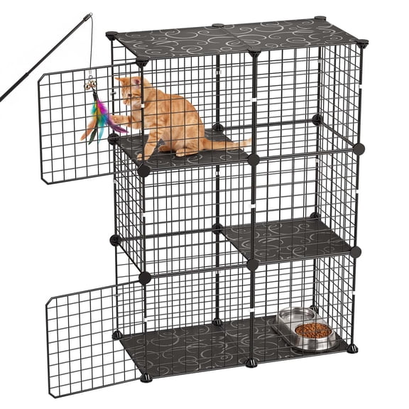 KFFKFF 3-Tier Cat Cage 28"x13.98"x40.98" DIY Indoor Playpen, Detachable Metal Wire Enclosure, Spacious Exercise Area for 1-2 Cats, Kittens, Rabbits, Ferrets & Small Pets, Black
