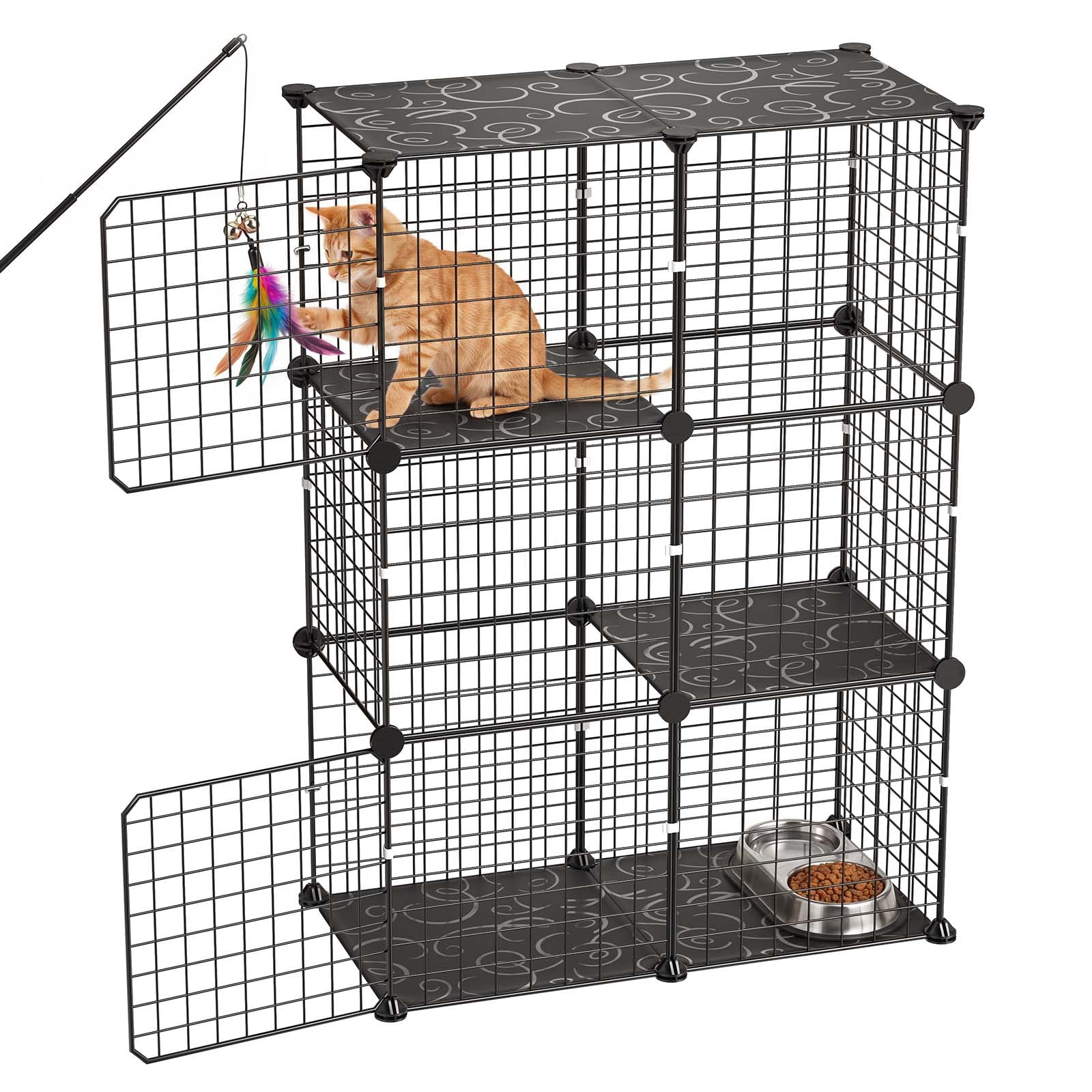 KFFKFF 3-Tier Cat Cage 28"x13.98"x40.98" DIY Indoor Playpen, Detachable Metal Wire Enclosure, Spacious Exercise Area for 1-2 Cats, Kittens, Rabbits, Ferrets & Small Pets, Black