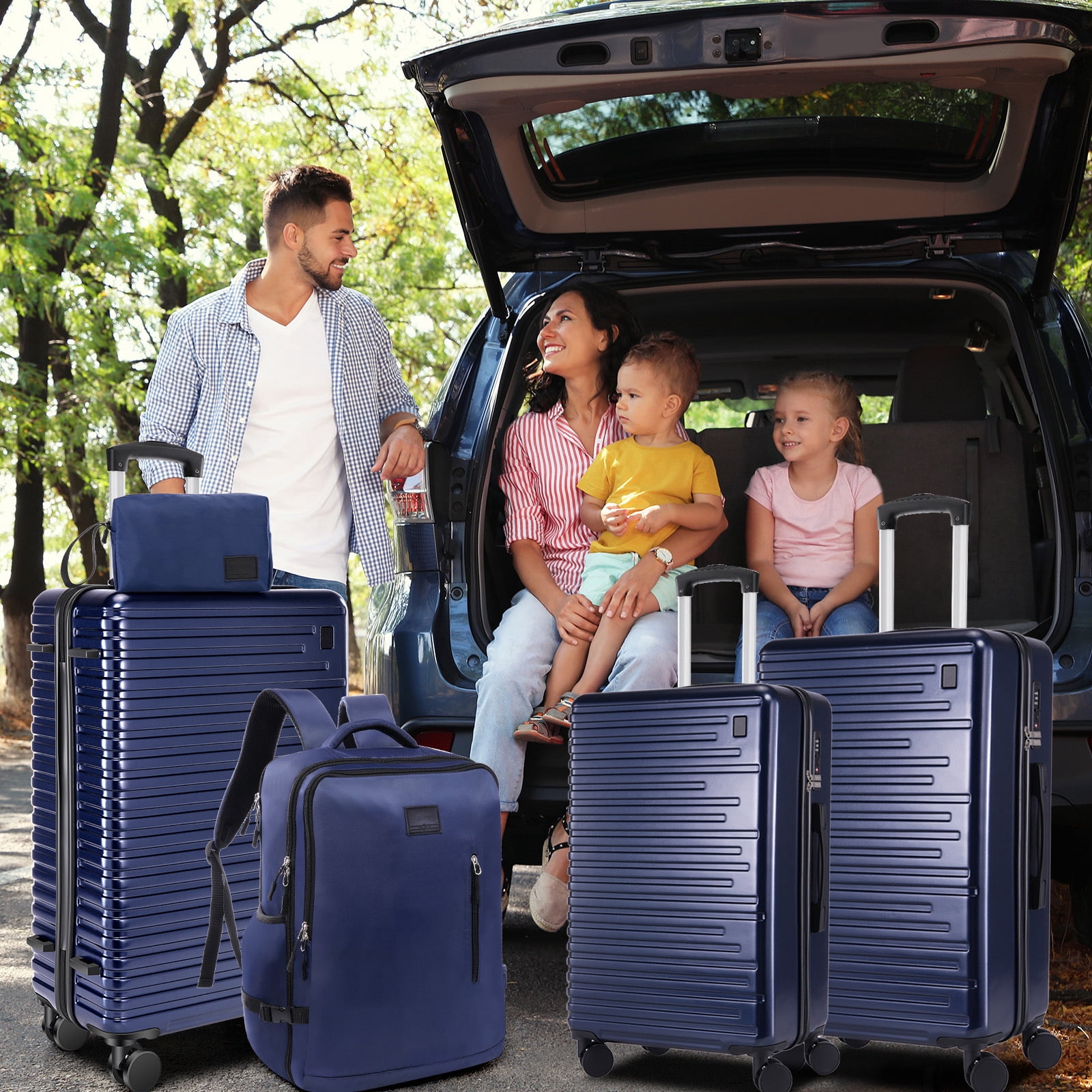 SANOPY 5 Piece Luggage Sets, ABS+PC Carry on Luggage with Backpack, Lightweight Suitcase Set Spinner Wheel TSA Lock, Deep Blue
