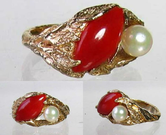 Natural Red Coral & Pearl Carved Solid 14K Yellow Gold Ring | Size 5.75 |