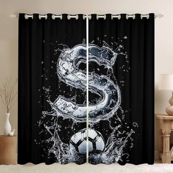 Castle Fairy Ice Letter S Soccer Watercolor Art Black Out Curtains for Boys,Splash Graphic Curtains Pack of 2 (42x63 Each) for Soccer Lovers