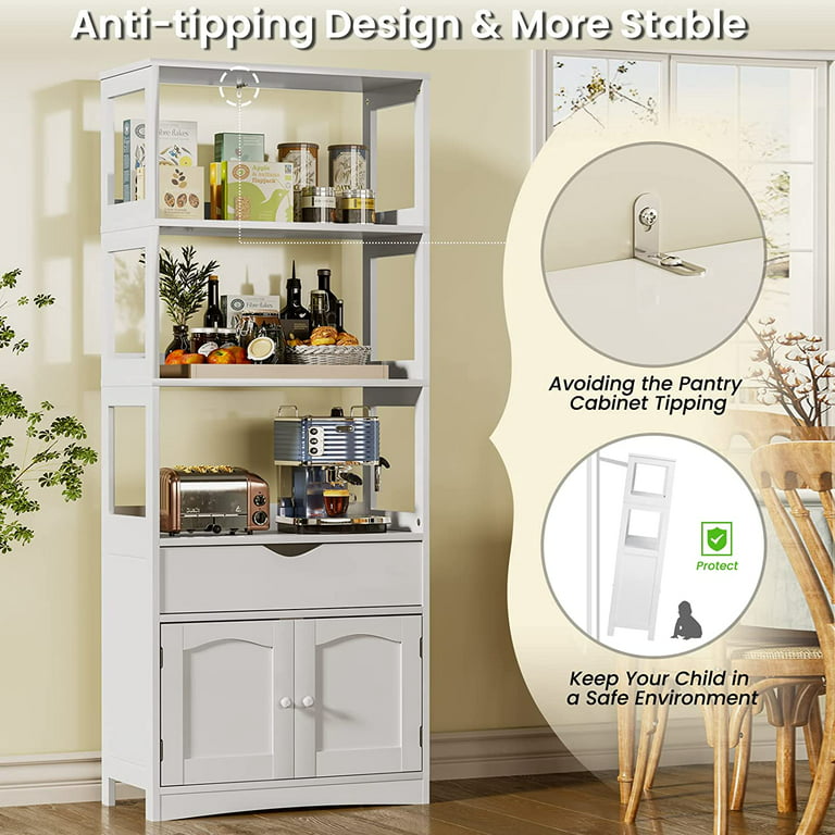 Kitchen Pantry Storage Cabinets Freestanding Tall Bathroom with Shelves and  Drawer 64''H Sideboard Storage Cabinet with Microwave Space Cupboard