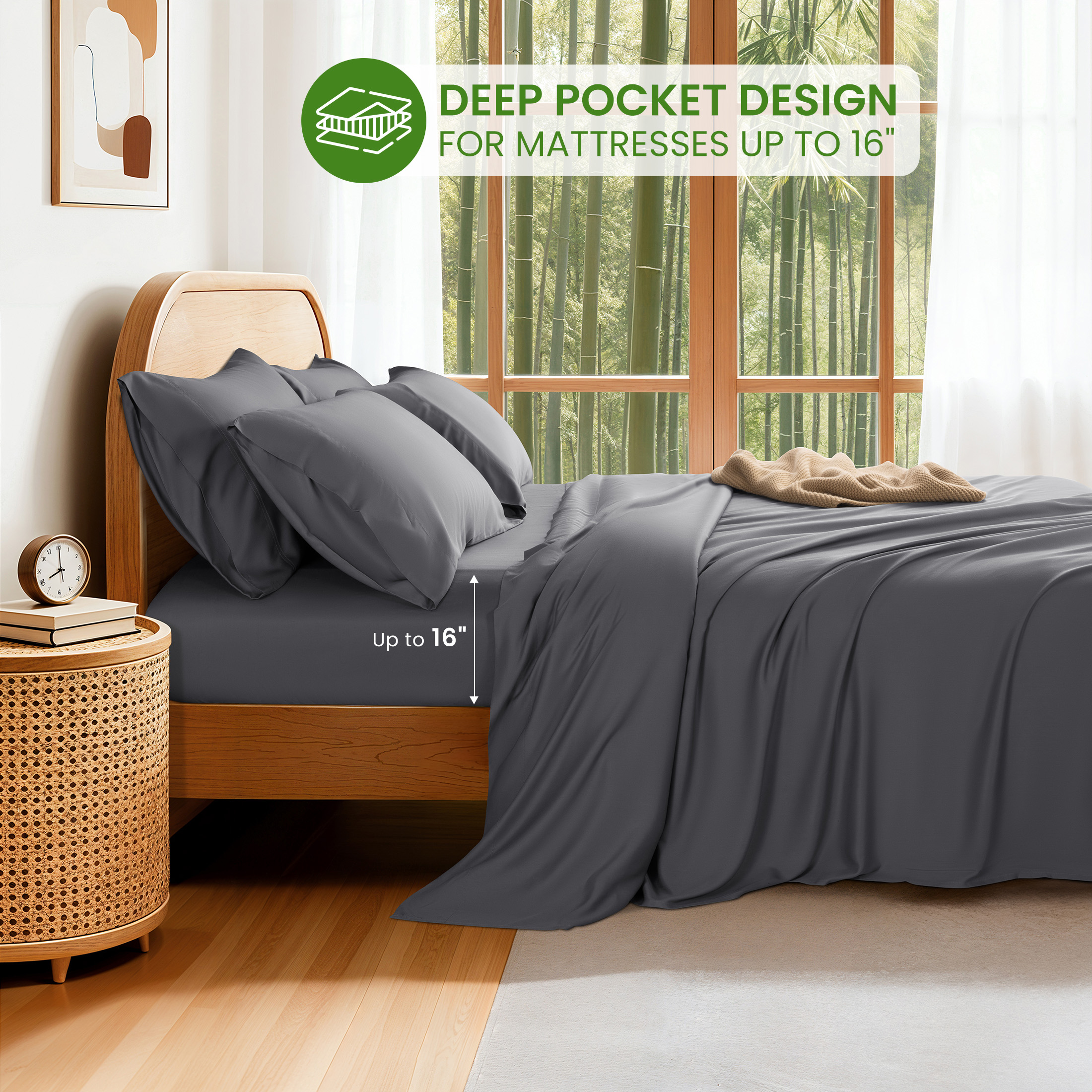 Sonoro Kate 100% Organic Luxurious Bamboo Sheets, King Sheet Set 6-Piece with 16" Deep Pocket, Silky Smooth Luxury Bed Sheets, Dark Gray