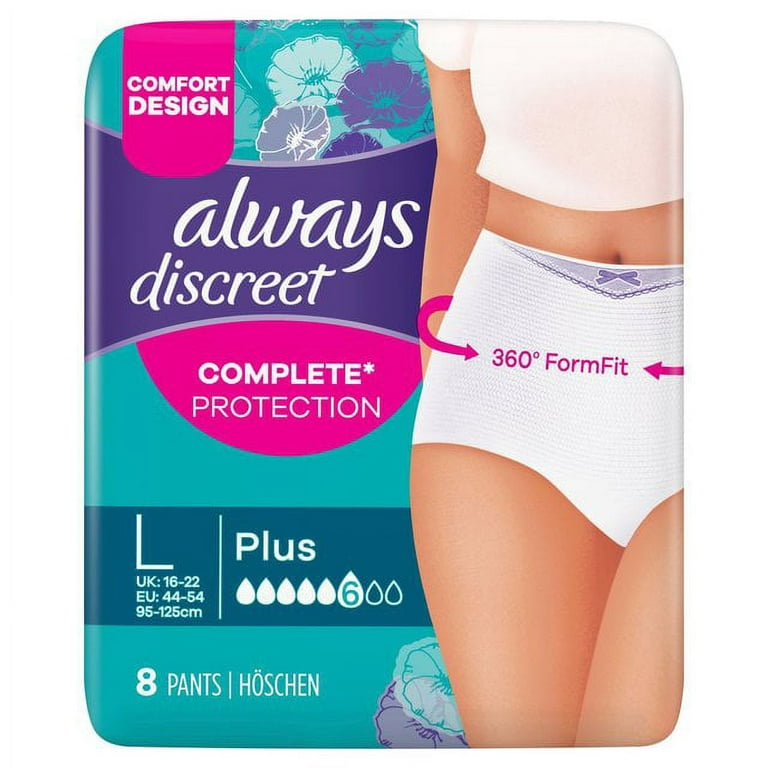 Always Discreet Incontinence Pants Plus L 8 per pack - European Version NOT  North American Variety - Imported from United Kingdom by Sentogo - SOLD AS  A 2 PACK-DEL 