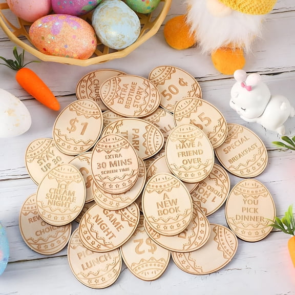 BESTSKY 27 Pcs Easter Egg Tokens for Kids Family Easter Egg Basket Fillers Wooden Redeemable Reward Tokens with Engraved Sayings for Easter Egg Hunt Party Favors