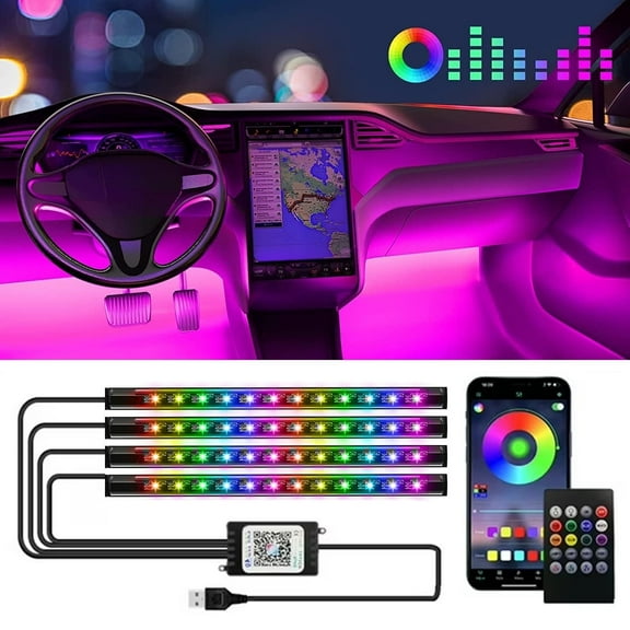 Genreen 4-Pack USB Car LED Strip Lights - 16 million color, 36 LED Multicolor Interior Lights with Smart App Control Car LED Lights& Music Sync for Cars, SUVs, Trucks, Auto Décor