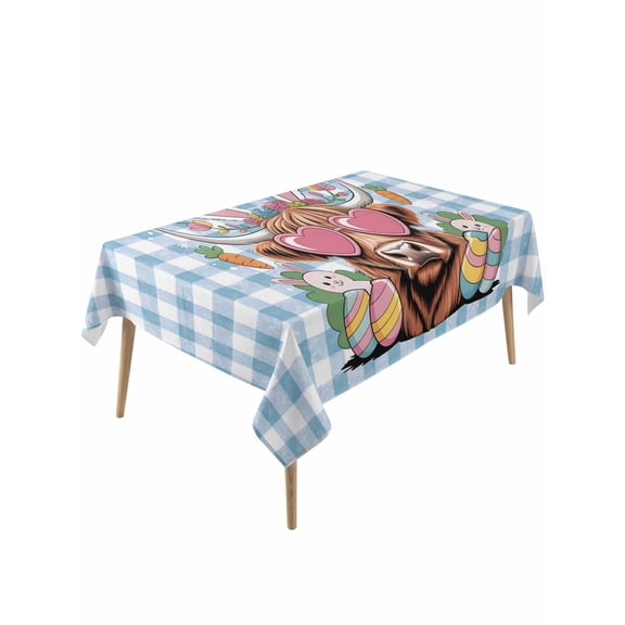 Easter Rectangle Tablecloth, Spring Bunny Cow Carrots Colorful Egg Blue Plaid Waterproof & StainResistant Tablecloth, Washable Oil-proof Table Cover for Dining/Party/Wedding/Camping/Buffet 60x120 In