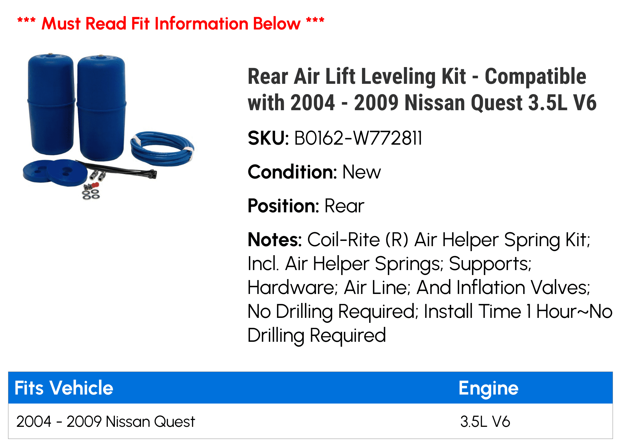 Rear Air Lift Leveling Kit - Compatible with 2004 - 2009 Nissan Quest 3.5L V6 2005 2006 2007 2008