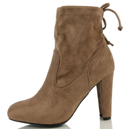 Women's Faux Suede Back Lace Up Tie Pull on Chunky heel Ankle Bootie Black 7 M US Women's Faux Suede Back Lace Up Tie Pull on Chunky heel Ankle Bootie Black 7 M US