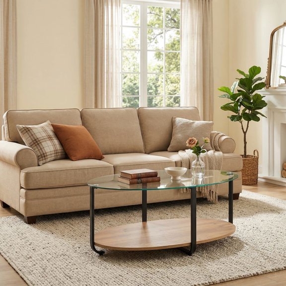 YYAo Coffee Table Butcher Block Top Large Accent Table,2-Tier Glass-Top Oval Coffee Table with Wooden Shelf for Living Room