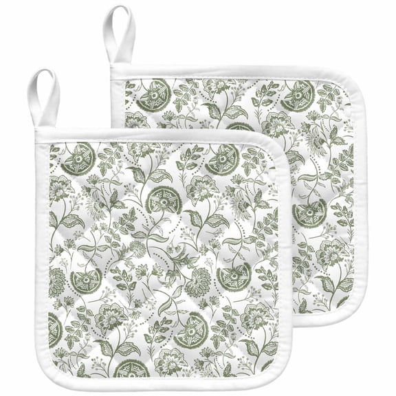 Boho Sage Green Floral Pot Holders for Kitchen Heatproof Potholder, 2 Pack Vintage Farmhouse Paisley Plant Hot Pads Multipurpose Oven Pads Cloth Potholders Trivet for Cooking and Baking