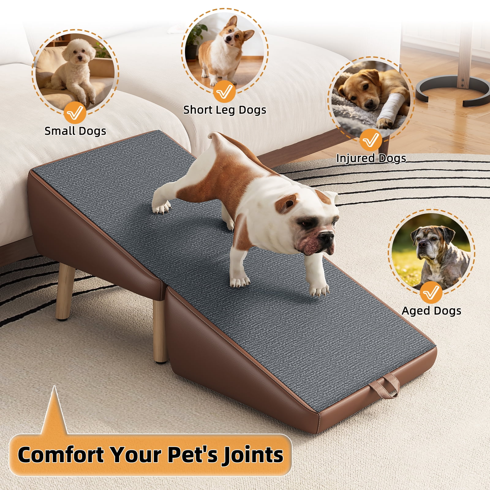 2-in-1 Foldable Dog Stairs & Ramp, Wooden Split Ottoman Pet Steps for Small Dogs Cats, Non-Slip Gentle Incline Pet Ramp for Couch Bed, Joint Support Design for Puppy Senior Injured Pets