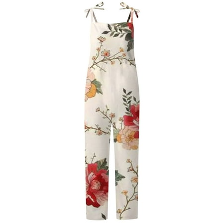 

OGLCCG Womens Summer Jumpsuits Adjustable Strap Baggy Wide Leg Beach Romper Casual Loose Floral Print Bohemian Bib Overalls for Women