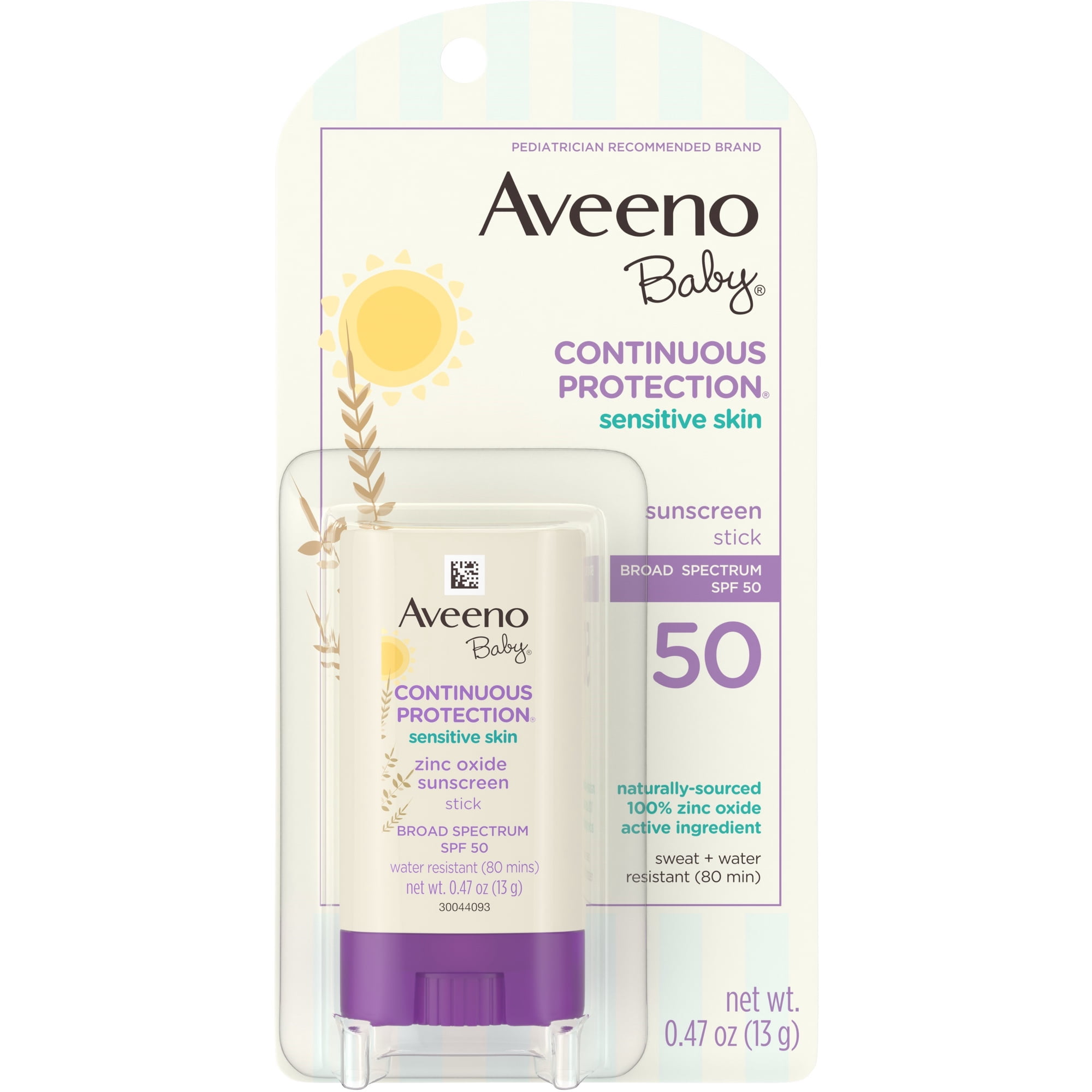 Aveeno Baby Continuous Protection Sensitive Skin Mineral Sunscreen Stick with Broad Spectrum SPF 50 Protection for Face & Body, 0.47 oz 1 ea (Pack of 2)