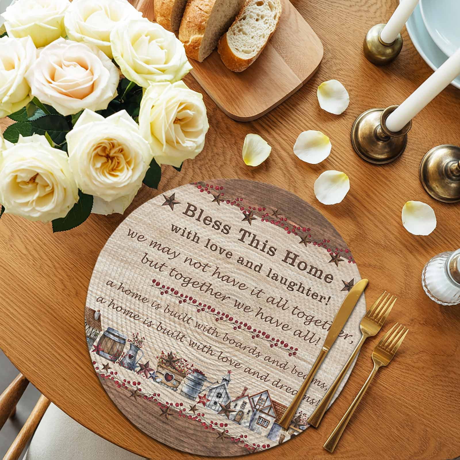 Farmhouse Round Placemats Set of 8 for Dinning Tables,Heat-proof Braided Table Mats 13 Inch,Brown Country Star Berry Vintage Wood Grain Washable Place Mat for Kitchen Restaurant Party Table Decor