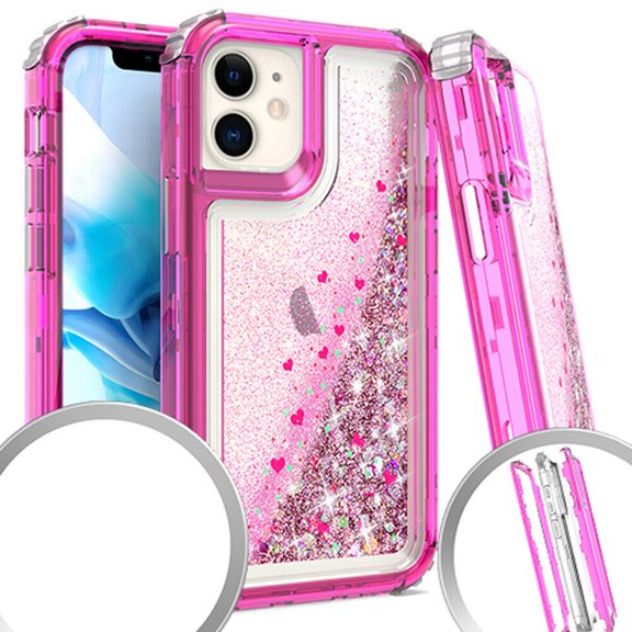 Kaleidio Case For iPhone 12 Mini (5.4") [Kleer Hybrid] 3-Piece Impact [Drop Protection] Shockproof See-Thru Cover [Pink/Pink Liquid Glitter]