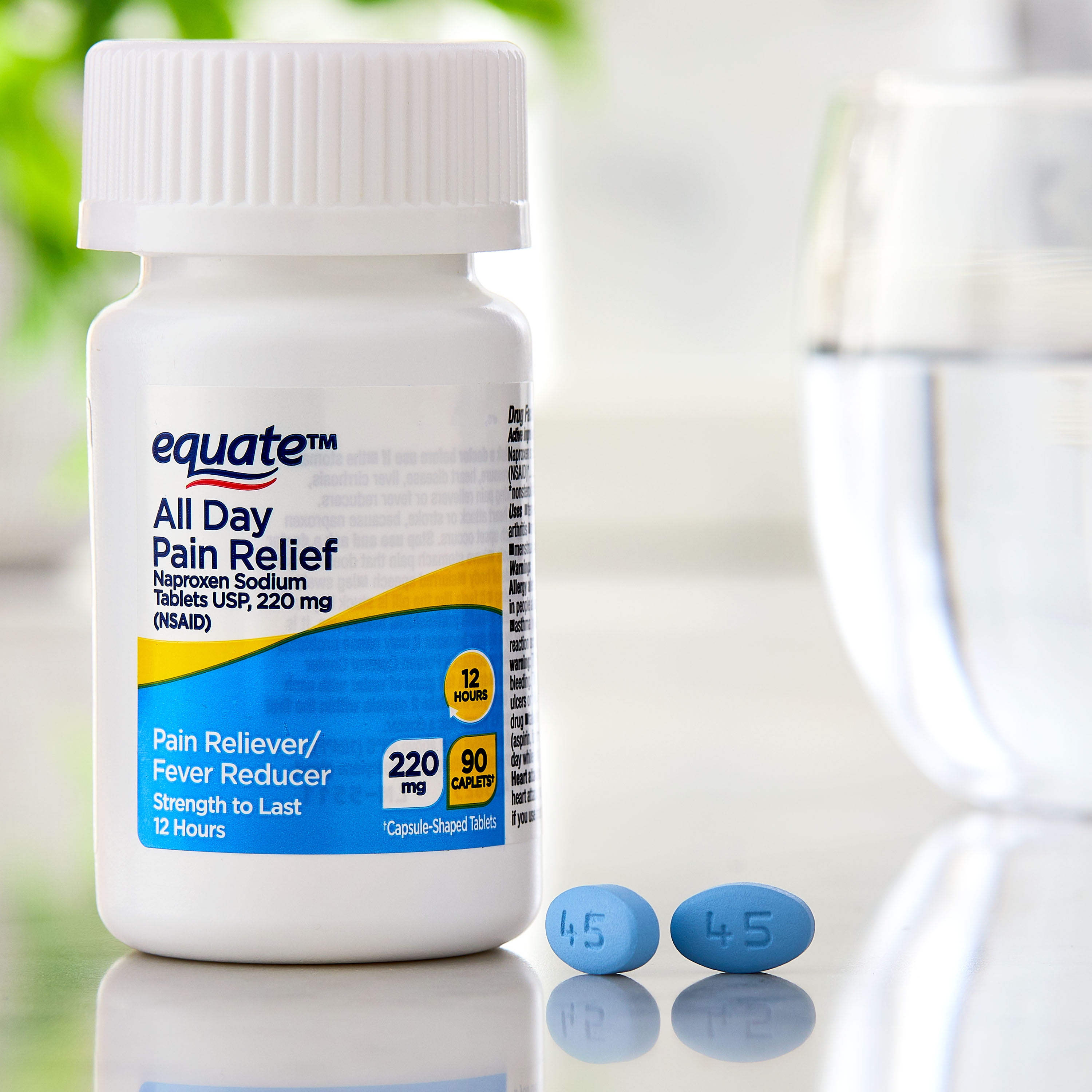 Equate Pain Relief Pesticide-Free Naproxen sodium Antacids Solid, Caplet for Body Aches & Pains Compare to Aleve® Caplets Active Ingredient 220mg 90 ct