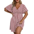 thumbnail image 4 of Women'S Plus Size Dress V Neck Short Sleeve Striped Smocked Waist A Line Short Summer Dress Pink L, 4 of 7