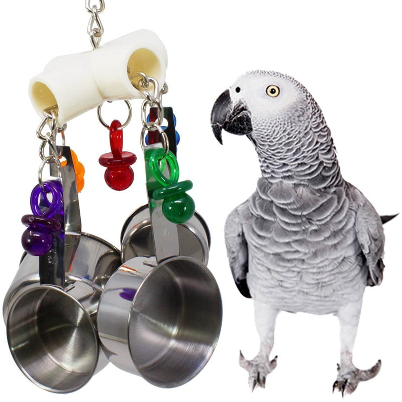 Fdit Bird Chew Toy with Metal Spoons Colorful Hanging Chewing Toy Lovebirds Cage for Parrots Parakeet Cockatiel Conure 