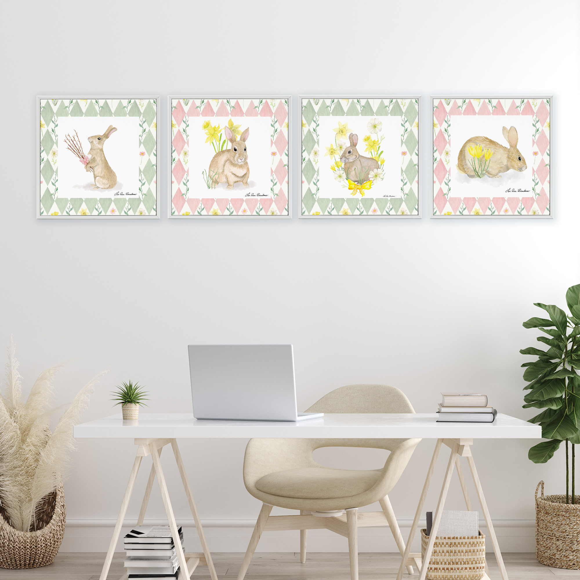 Spring Bunnies on Argyle 4 Piece White Framed Giclee Art Set, design by Lee Ann Sanders