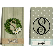 Custom Kitchen Towel, Green Wreath Personalized Dish Towels Tea Towel | Family Name Hand Towel | Kitchen Decor | Housewarming Gift Monogram Dishcloth Wedding Gift (Floral 12)