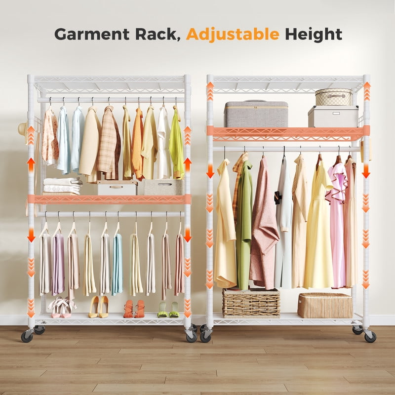 Gianna 45 Inch Rolling Clothes Rack, Adjustable Metal Shelves, Heavy Duty Clothes Rack with Side Hooks for Household, Laundry Room, White