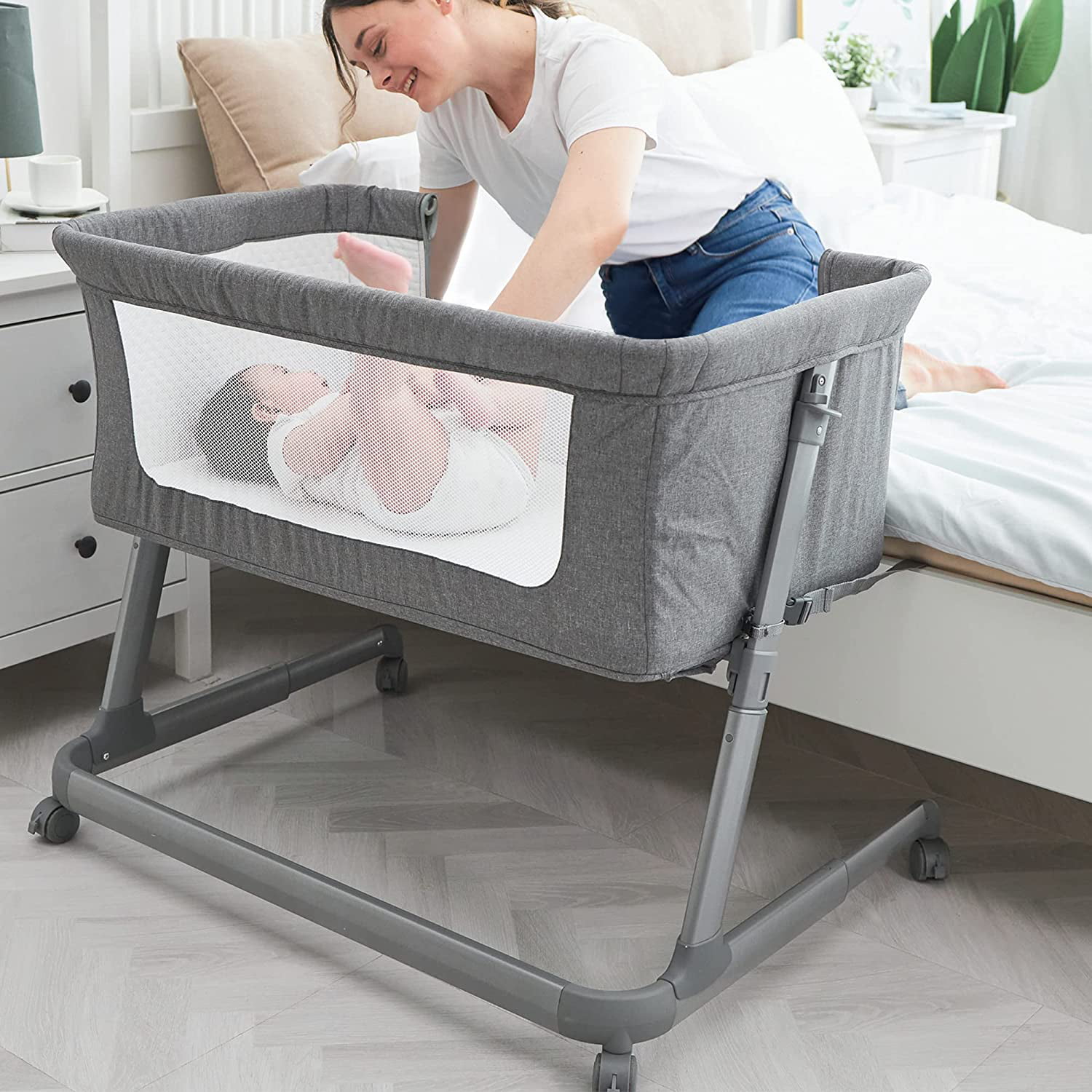 Pamo Babe Unisex Bedside Sleeper Infant Bassinet with Wheels and Floding Frame (Grey) - 1
