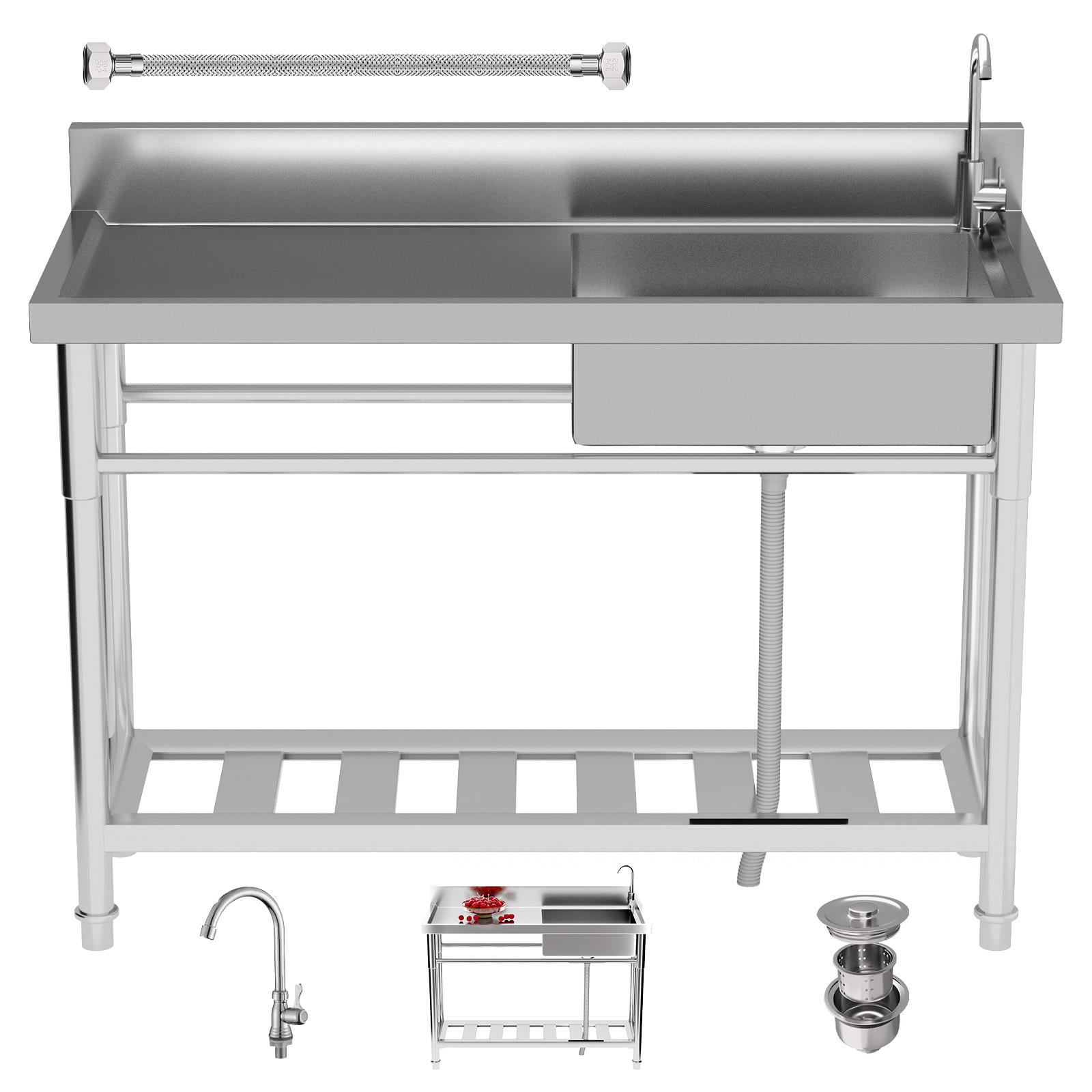 Stainless Steel Sinks Dual-pipe Hot & Cold Adjustable System,  300lbs Heavy Duty Freestanding Utility Sink, Rust Resistant Durable,  Large Space Storage Rack for Kitchen