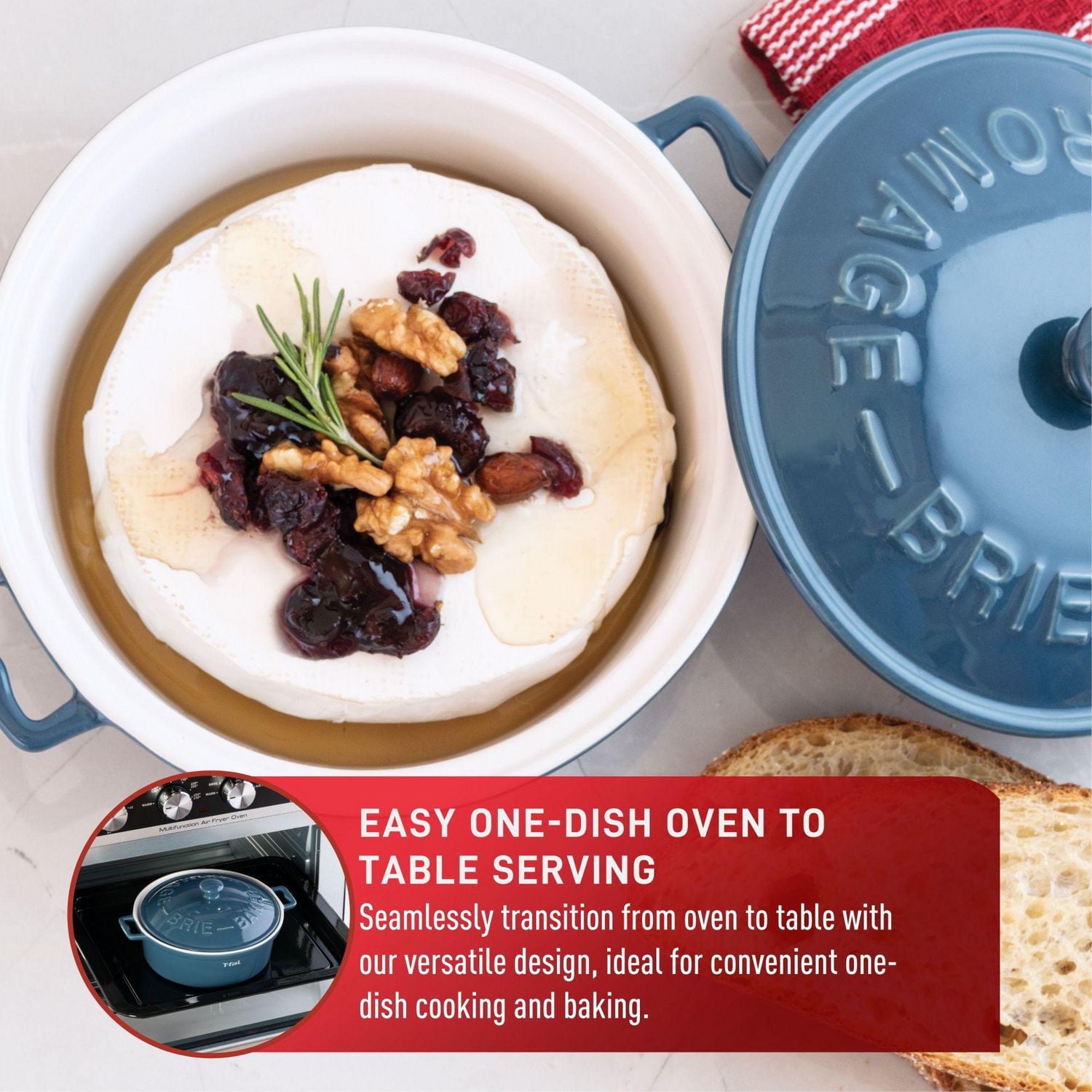 T-Fal Ceramic Brie Baker with lid and handles, 7-in/18cm, blue, 7-in/18cm