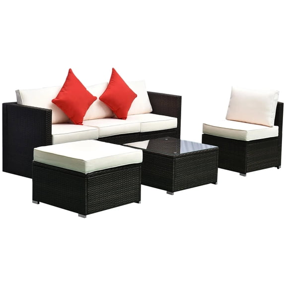 Resenkos 6 Pieces Patio Furniture Set, Galvanized Steel, PE Rattan, Mixed Brown, Cream White