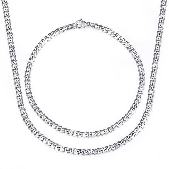 3mm Stainless Steel Chain Silver Cuban Link Necklace Bracelet Set Men Women